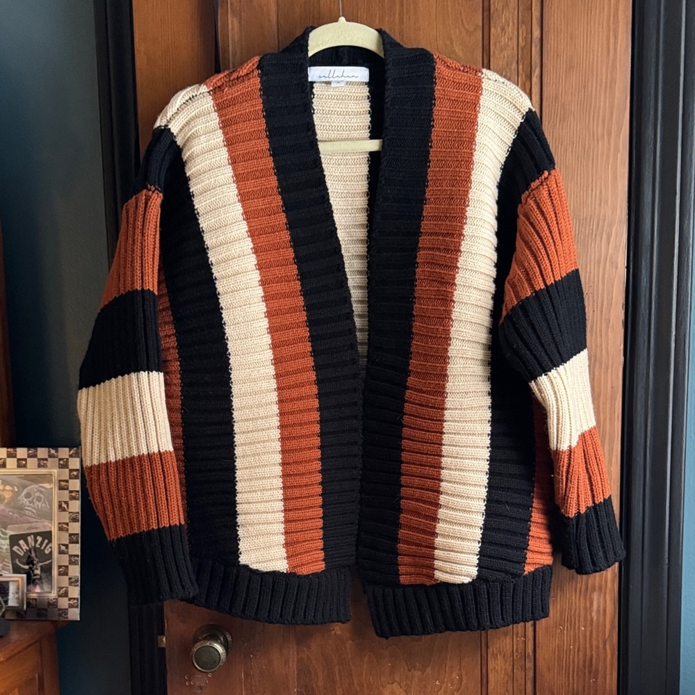 Callahan Black Cream Brown / Rust Knit Cardigan open front chunk M medium retro